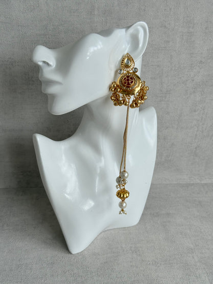 Ayura Designs Kashveen Earrings – Ruby Red Kundan Stones with Pearl Chain Drops & Ghungroo Detailing