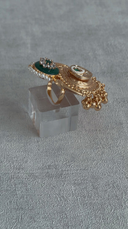 Ayura Designs Sorcha Adjustable Ring – Emerald Green Enamel, Pearl Detailing, Antique Gold & Mirror-Cut Stones