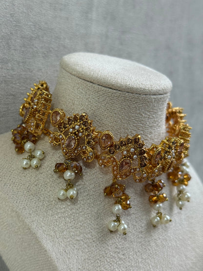Ayura Designs Noor Set – Choker, Jhumkis with Sahare & Tikka in Champagne Gold with Pearl Detailing