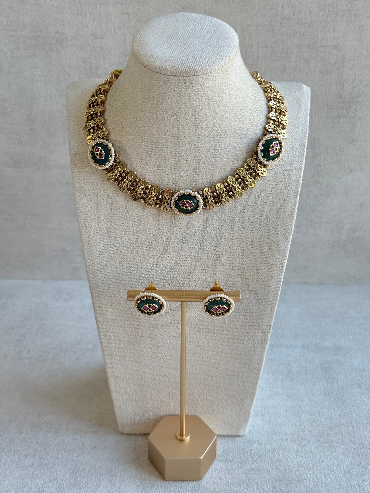 Ayura Designs Lajita Necklace Set with Stud Earrings – Emerald Green & Rani Pink with Pearl & Statement Floral Link Design