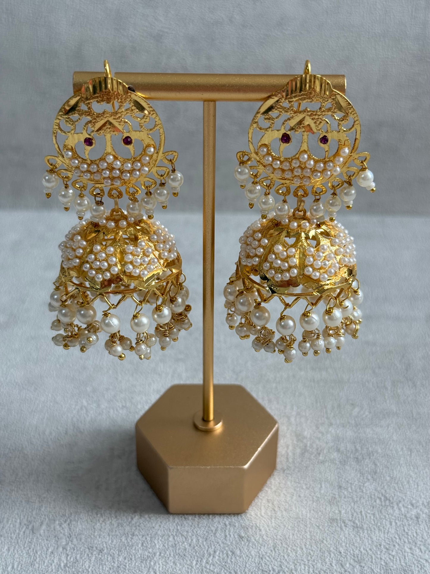 Ayura Designs Pannu Jhumkis – Pippal Patti Gold Jhumkis with Pearl Detailing