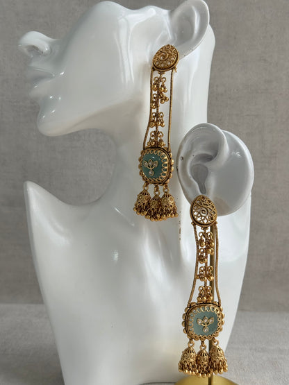 Ayura Designs Ihana Earrings – Mint Green Enamel with Kundan, Ghungroo & Jhumki Detailing