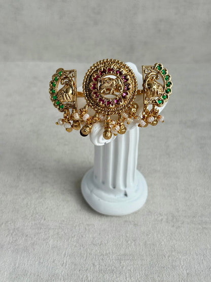 Ayura Designs Nira Adjustable Ring – Jadau-Inspired Gold Elephant Motifs with Rani Pink & Emerald Green Stones, Pearl Drops & Ghungroos