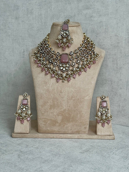 Ayura Designs Gulrukh Bridal Set with Necklace, Jhumkis & Tikka – Jadau Kundan Craftsmanship with Mirror-Cut Polki, Blush Rose Stones & Antique Gold Finish