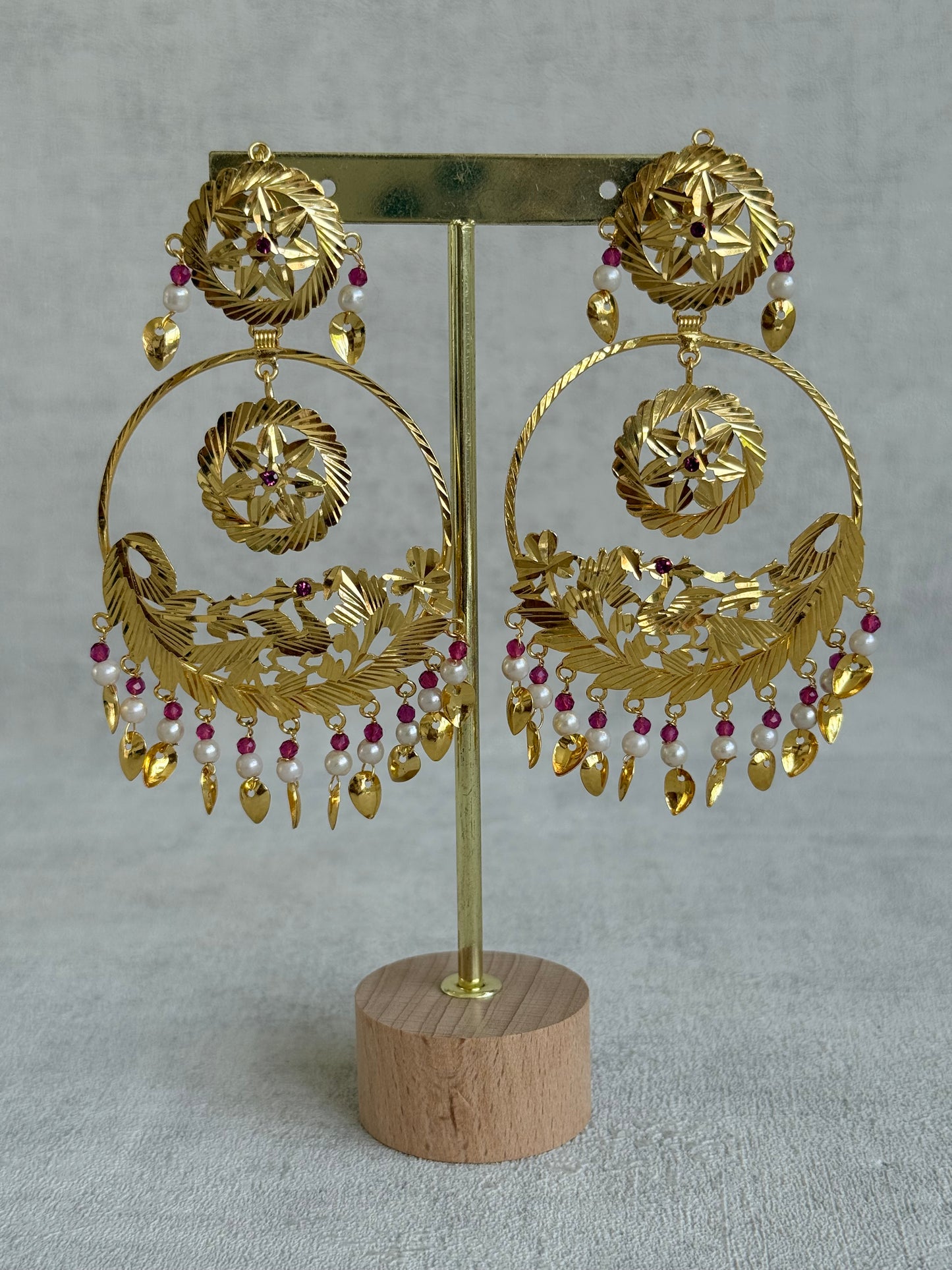 Ayura Designs Puran Earrings – Gold Peacock Pipal Patti Chandbalis with Pink & Ivory Detailing