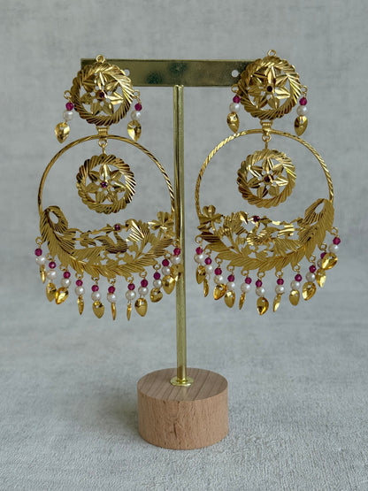 Ayura Designs Puran Earrings – Gold Peacock Pipal Patti Chandbalis with Pink & Ivory Detailing