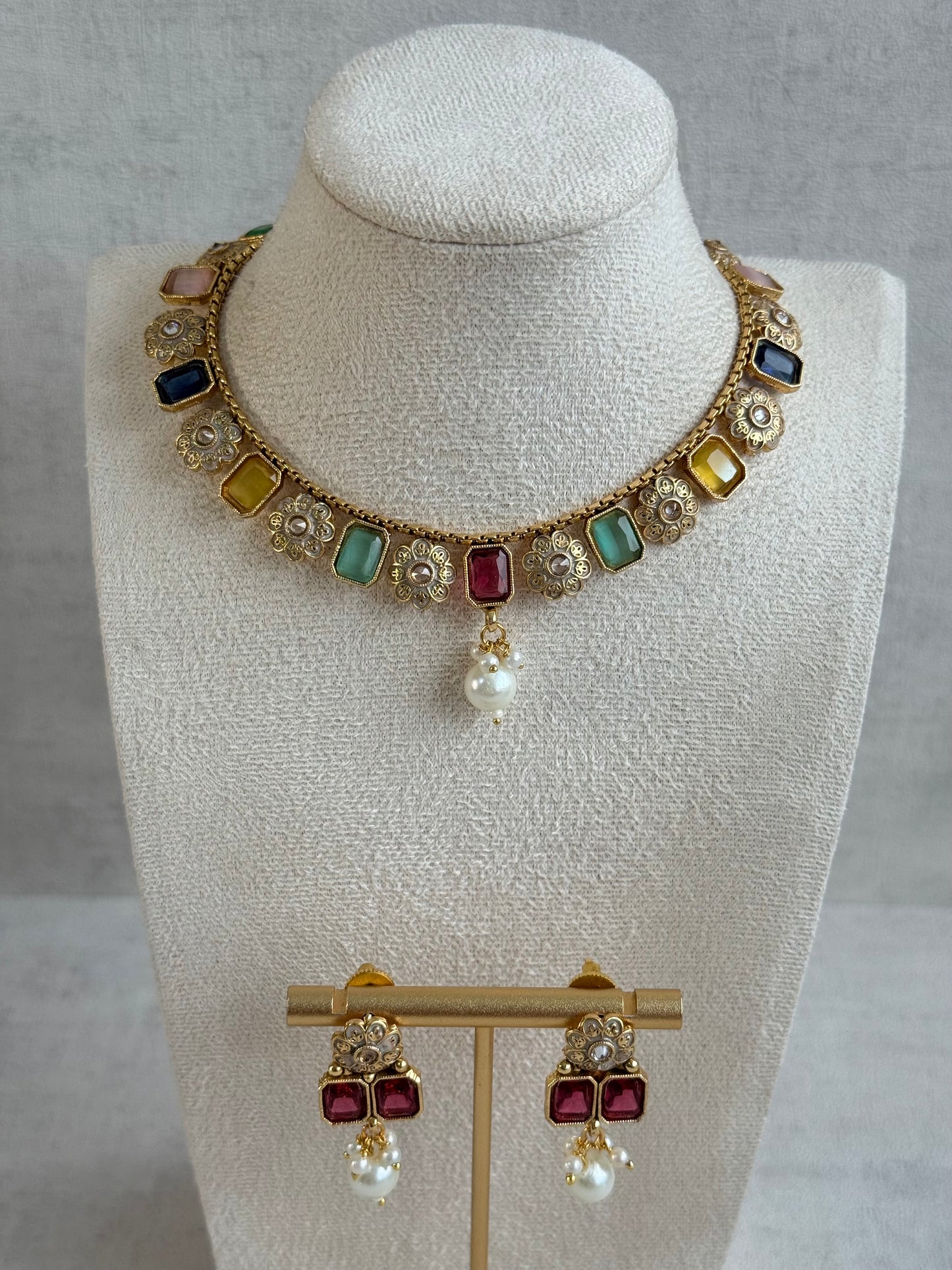 Ayura Designs Padma Necklace Set with Earrings – Multicolour Stones with Pearl Drop Detailing