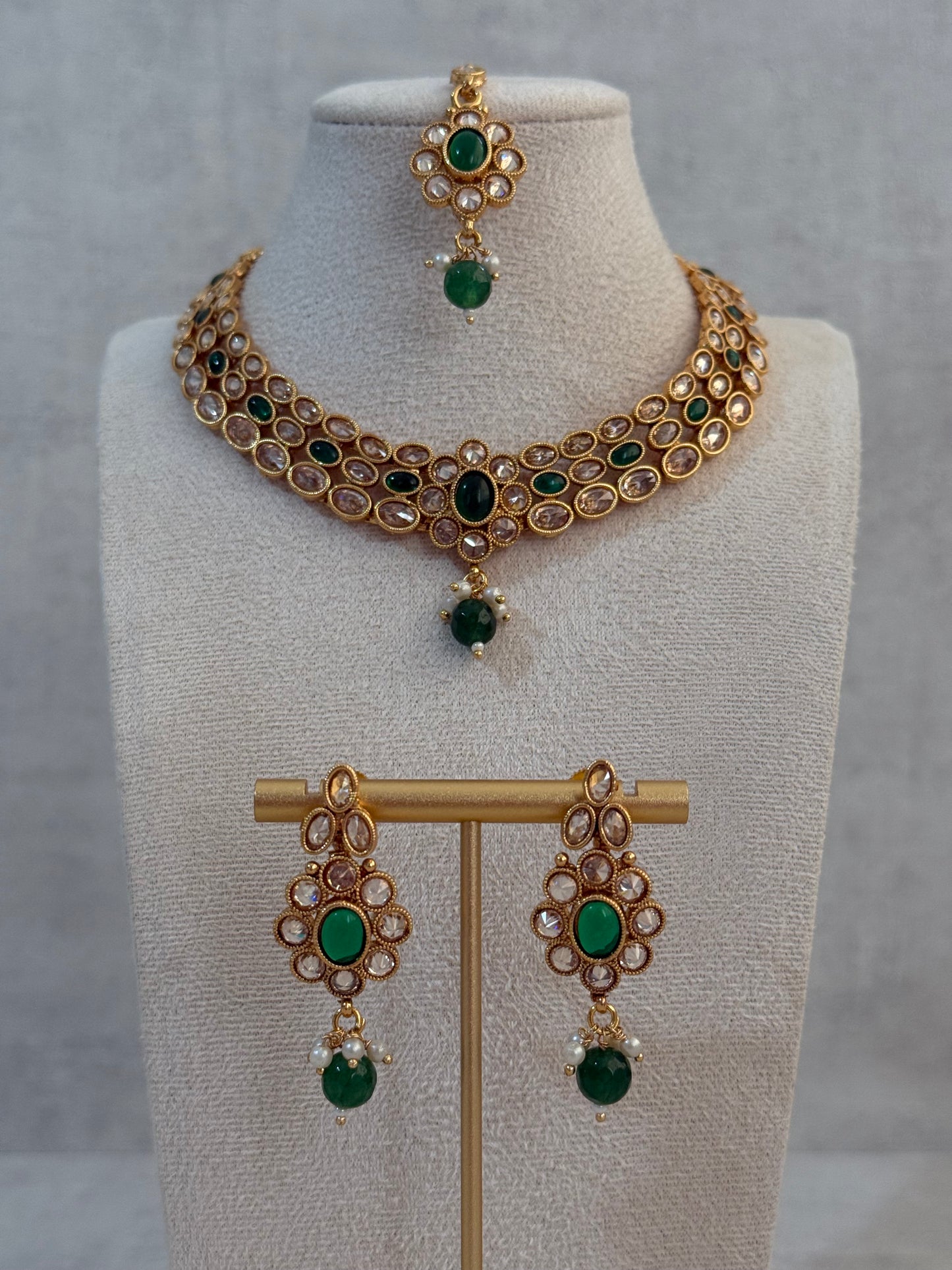 Ayura Designs Biju Set with Necklace, Earrings & Tikka – Fuchsia Pink & Ivory Pearls, Mirror-Cut Stones, Antique Gold Finish