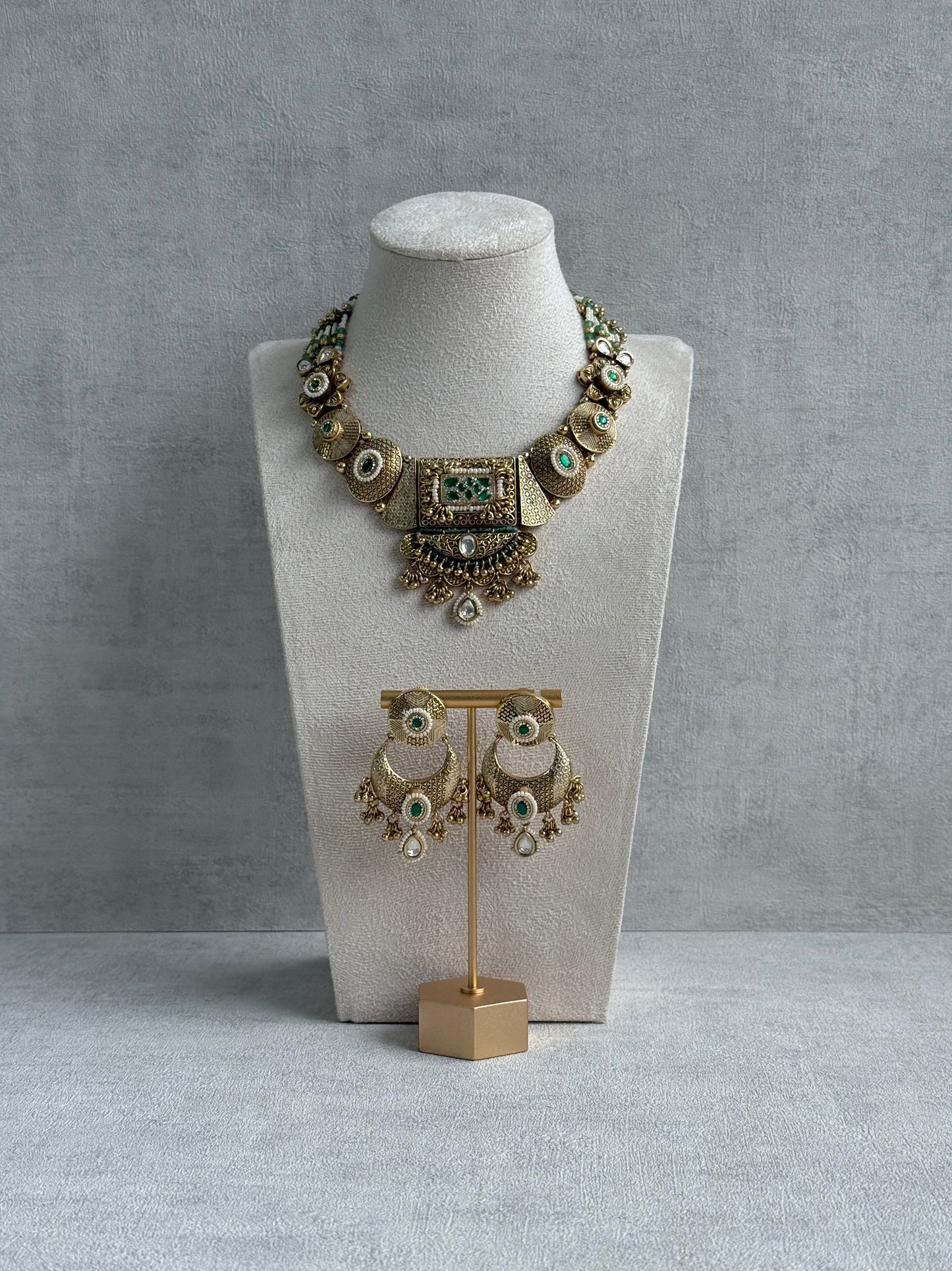 Ayura Designs Purvi Set – Necklace & Earrings with Antique Gold Filigree, Emerald & Pearl Detailing