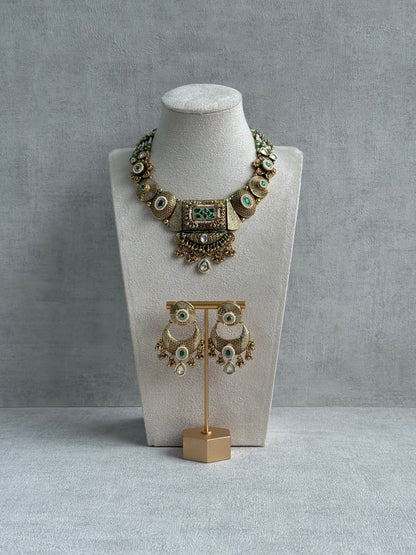 Ayura Designs Purvi Set – Necklace & Earrings with Antique Gold Filigree, Emerald & Pearl Detailing