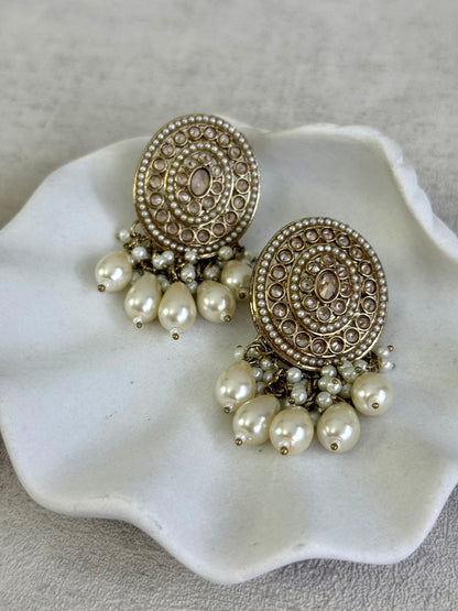 Ayura Designs Aynoor Bloom Circle Earrings – Antique Gold Finish with Mirror-Cut Stones & Pearl Drops