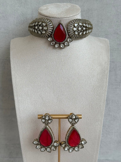 Ayura Designs Ziva Choker Set with Earrings – Ruby Red Teardrop Stone with Moissanite Style Detailing