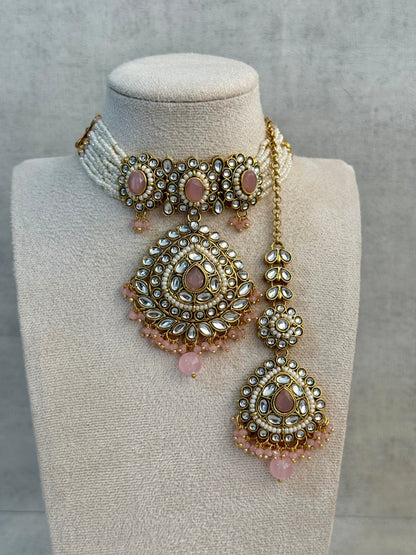 Ayura Designs Tehreem Set with Necklace, Earrings & Tikka – Mirror-Cut Stones, Blush Pink Beads & Antique Gold Finish