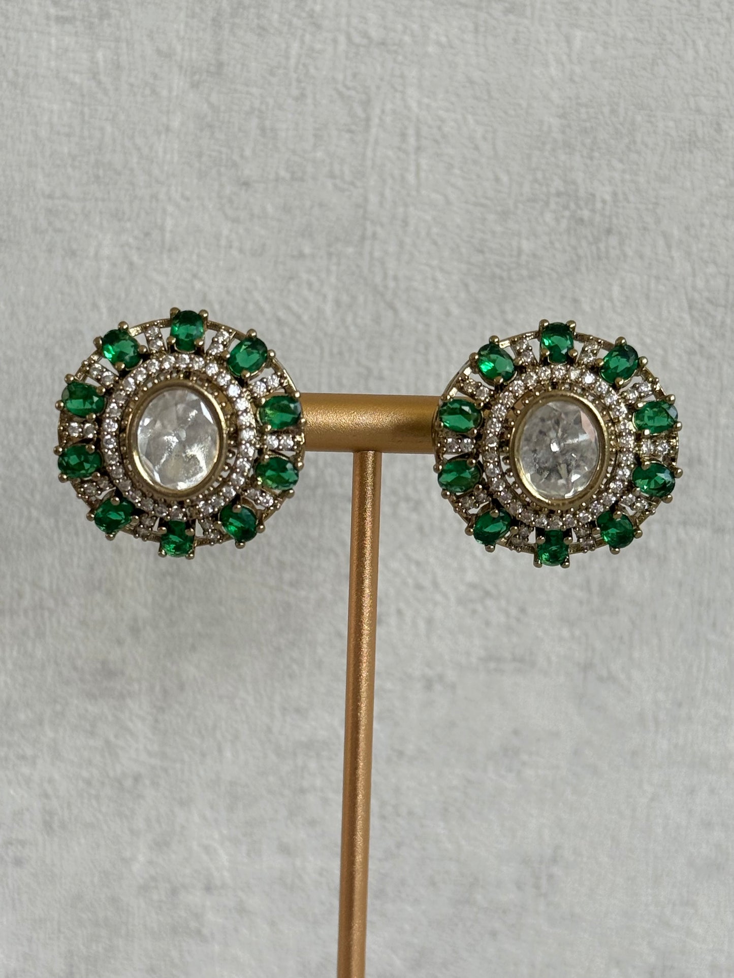 Ayura Designs Genevieve Choker Set with Studs – Emerald Green Crystal Kundan in Antique Gold
