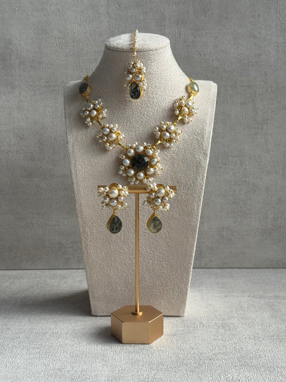 Ayura Designs Mireya Set with Earrings & Tikka – Pearls, Prehnite Drops & Antique Gold Finish