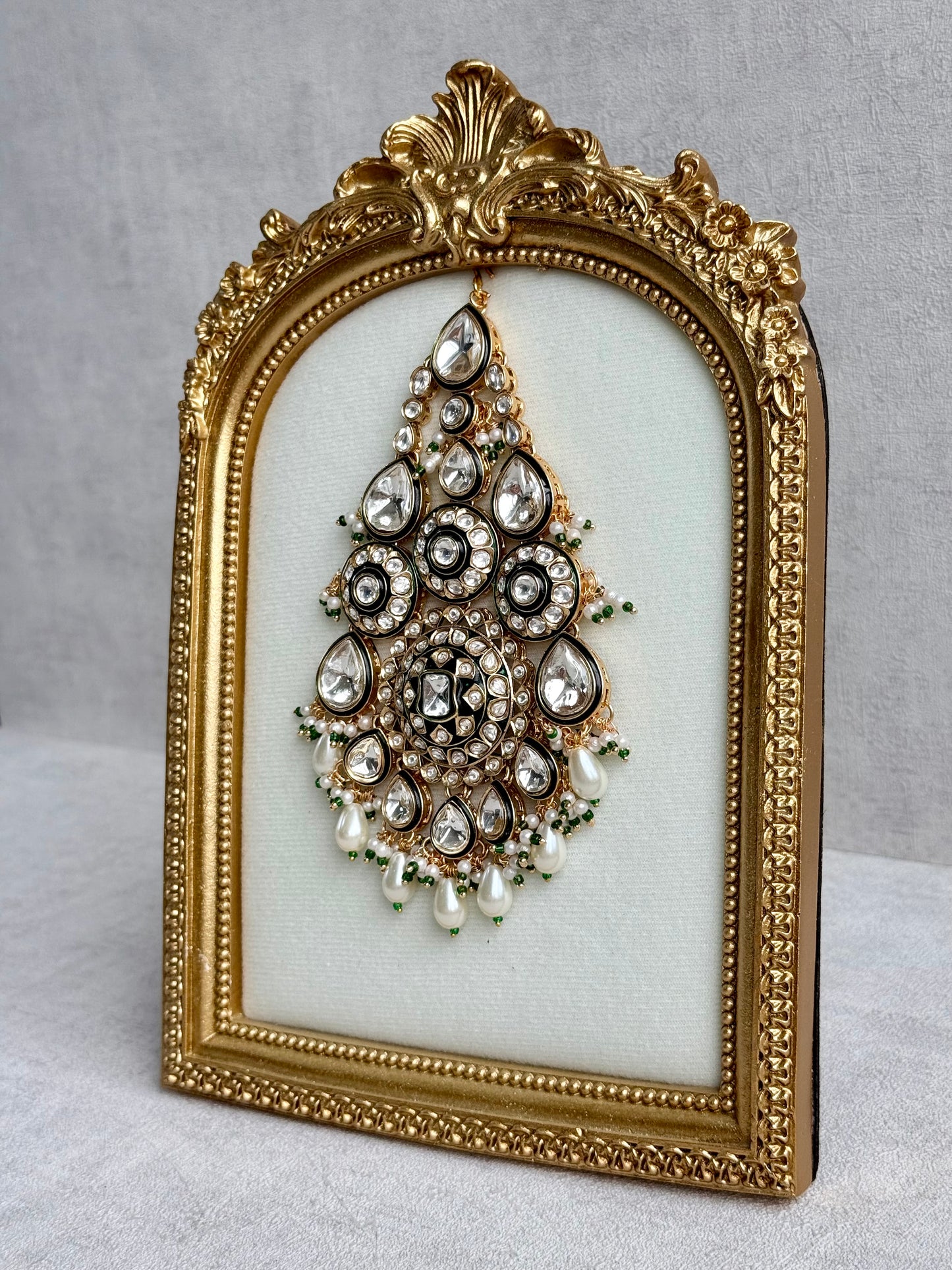 Ayura Designs Suhana Jhoomar Passa – Kundan Jhoomar with Ivory Pearl Drops, Pearl Detailing & Green Bead Accents