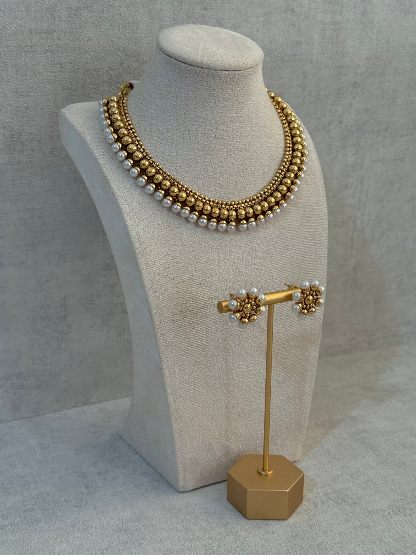 Ayura Designs Devyani Set with Stud Earrings – Antique Gold Layers with Pearl Edging