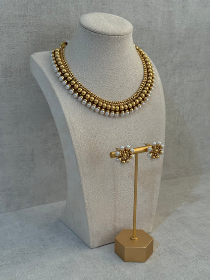 Ayura Designs Devyani Set with Stud Earrings – Antique Gold Layers with Pearl Edging