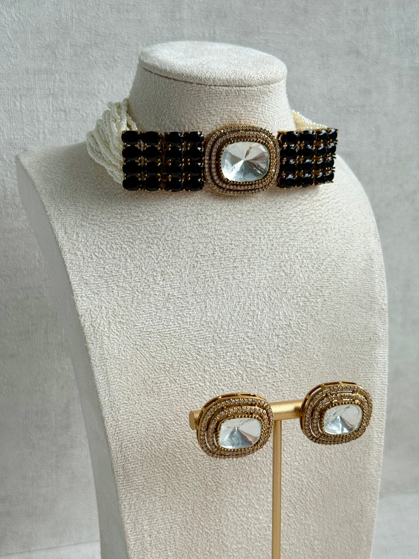 Ayura Designs Emma Choker Set – Black Gemstone Choker & Studs with Mirror-Cut Centrepiece, Pearl Strands & Crystal Borders