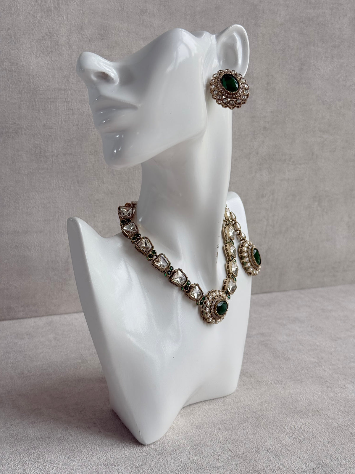 Ayura Designs Inza Necklace Set – Emerald Green Stones, Kundan & Crystals with Antique Gold Finish