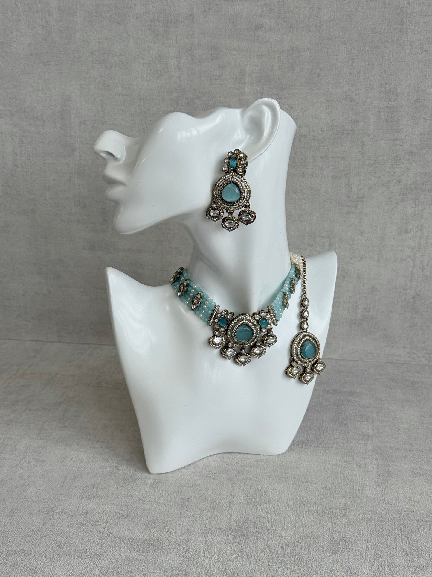 Ayura Designs Rahi Necklace Set with Earrings & Tikka – Aqua Blue Stones with Mirror-Cut Detailing & Pearl Strands