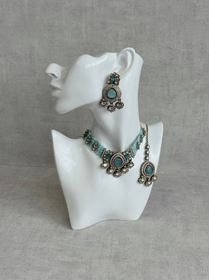 Ayura Designs Rahi Necklace Set with Earrings & Tikka – Aqua Blue Stones with Mirror-Cut Detailing & Pearl Strands