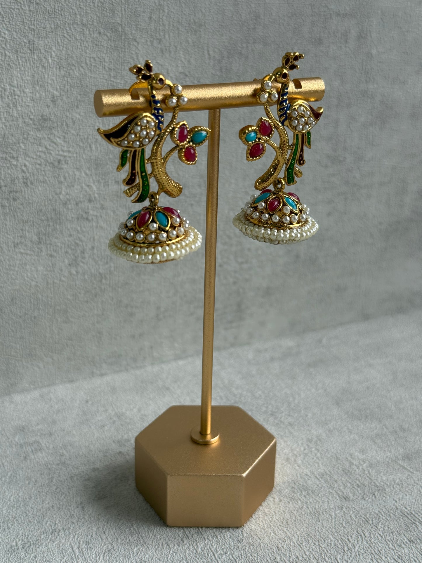 Ayura Designs Mayuri Jhumkis – Gold Peacock Earrings with Multicolour Meenakari & Pearl Detailing