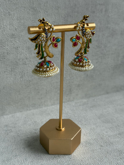 Ayura Designs Mayuri Jhumkis – Gold Peacock Earrings with Multicolour Meenakari & Pearl Detailing