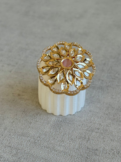 Ayura Designs Elisa Adjustable Ring – Moissanite Floral Ring with Blush Pink Centre & Crystal Border