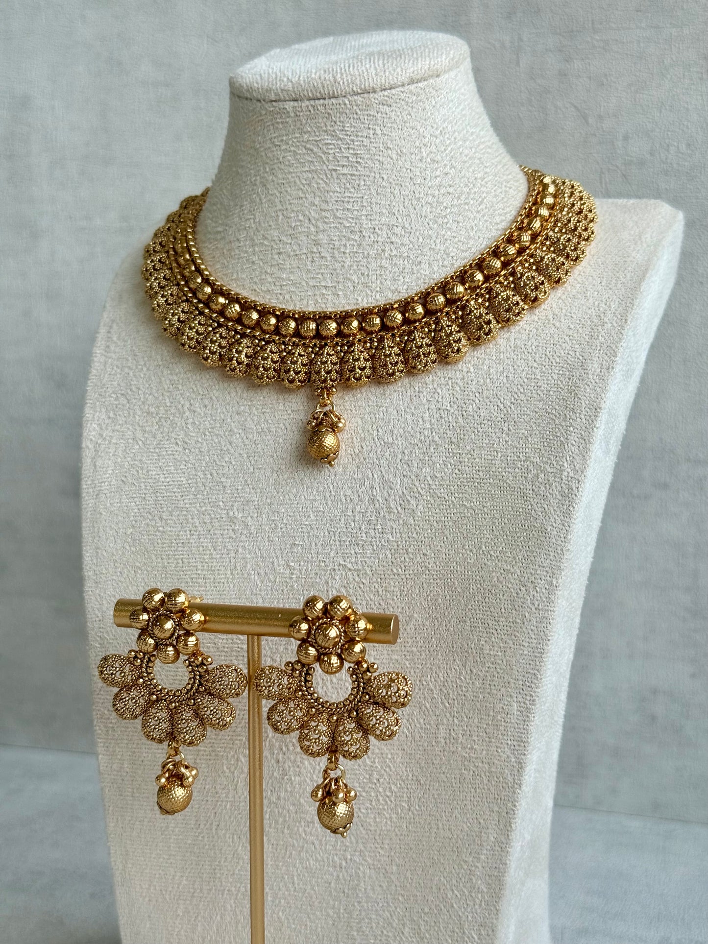 Ayura Designs Chirag Necklace Set with Earrings – Matte Gold Textured Dome Drops