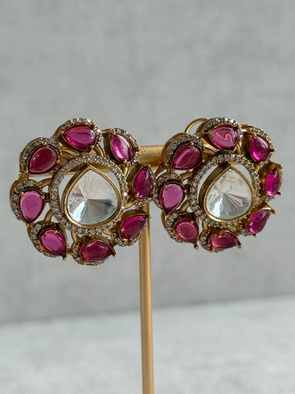 Ayura Designs Giana Stud Earrings – Rani Pink & Crystal Kundan with Gold Finish