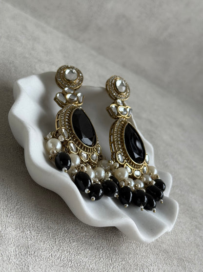Ayura Designs Nageen Earrings – Antique Gold Jhumkis with Black Stones, Mirror-Cut Accents & Pearl Drops