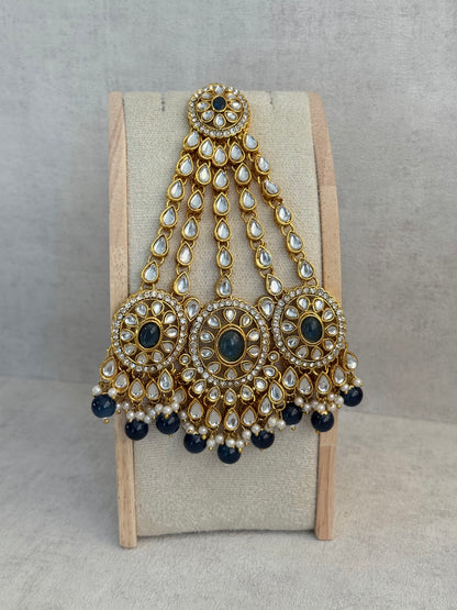 Ayura Designs Zara Set with Necklace, Earrings, Tikka & Passa – Antique Gold with Kundan Detailing & Ink Blue Stones & Beads
