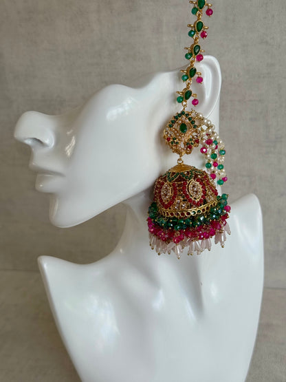 Ayura Designs Safia Tikka Set with Sahare Earrings – Multicolour (Emerald Green, Hot Pink & Ivory Beads)