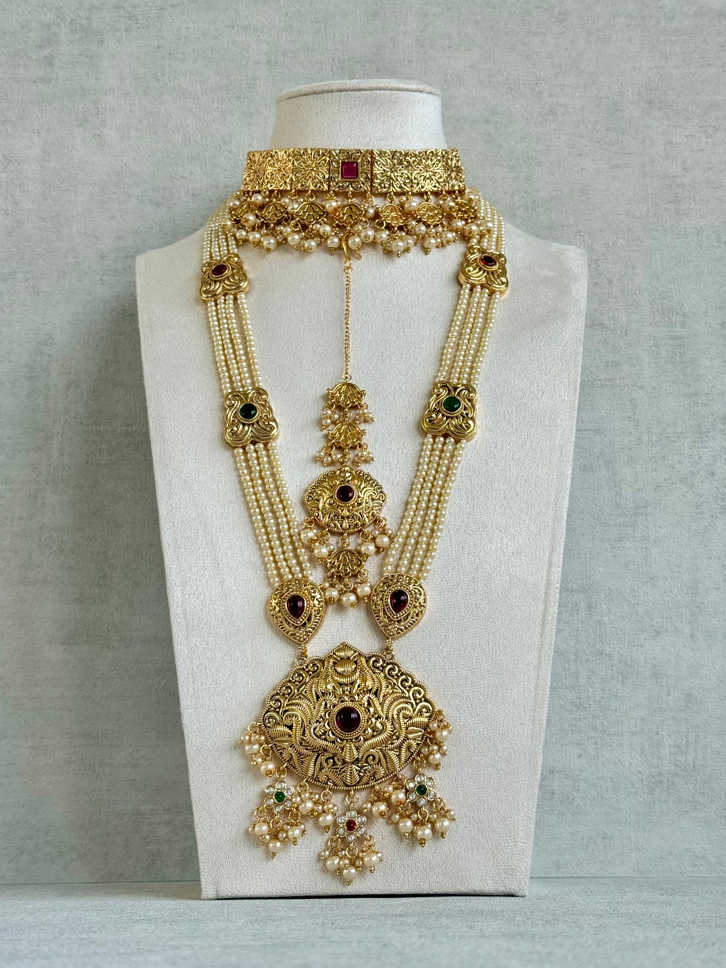 Ayura Designs Maharani Bridal Set with Choker, Haar, Earrings & Tikka – Antique Gold with Pink Stones & Pearl Detailing