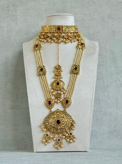 Ayura Designs Maharani Bridal Set with Choker, Haar, Earrings & Tikka – Antique Gold with Pink Stones & Pearl Detailing