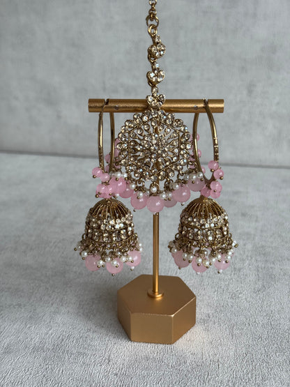 Ayura Designs Dastoor Tikka Set with Balis – Baby Pink Beads, Champagne Stones & Pearls