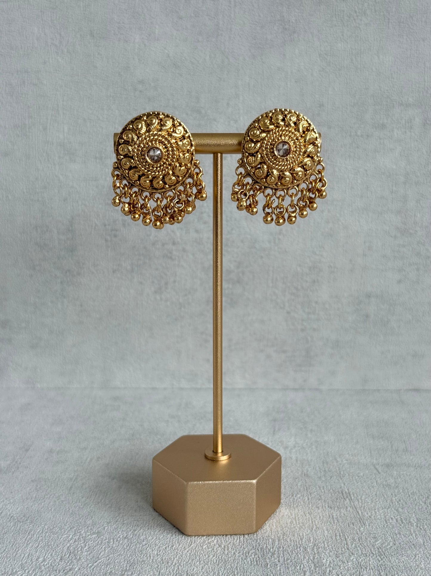 Ayura Designs Deesha Stud Earrings – Gold Finish with Crystal & Ghungroo Detailing