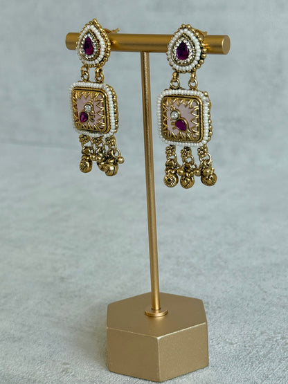 Ayura Designs Inira Drop Earrings – Blush Pink Enamel Bird Earrings with Rani Pink Kundan & Ghungroo Drops
