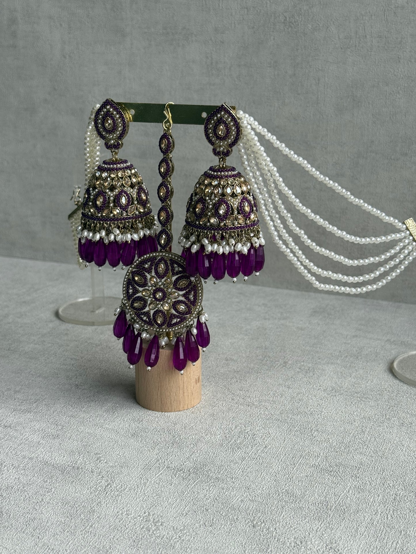 Ayura Designs Amrita Set – Jhumkis with Sahare & Tikka in Berry Purple, Pearls and Antique Gold Finish