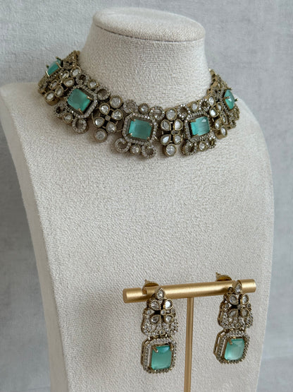 Ayura Designs Celine Necklace Set with Earrings – Moissanite Mint Green Statement Set
