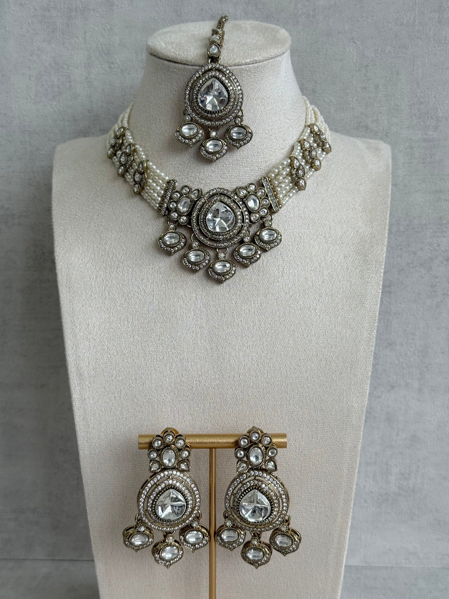 Ayura Designs Rahi Necklace Set with Earrings & Tikka – Ivory Pearl Stones with Mirror-Cut Detailing & Pearl Strands