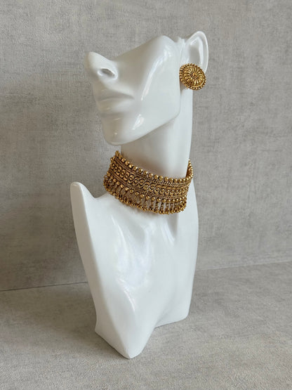 Ayura Designs Tavnoor Choker Set with Stud Earrings – Antique Gold Statement Choker with Traditional Bead Detailing