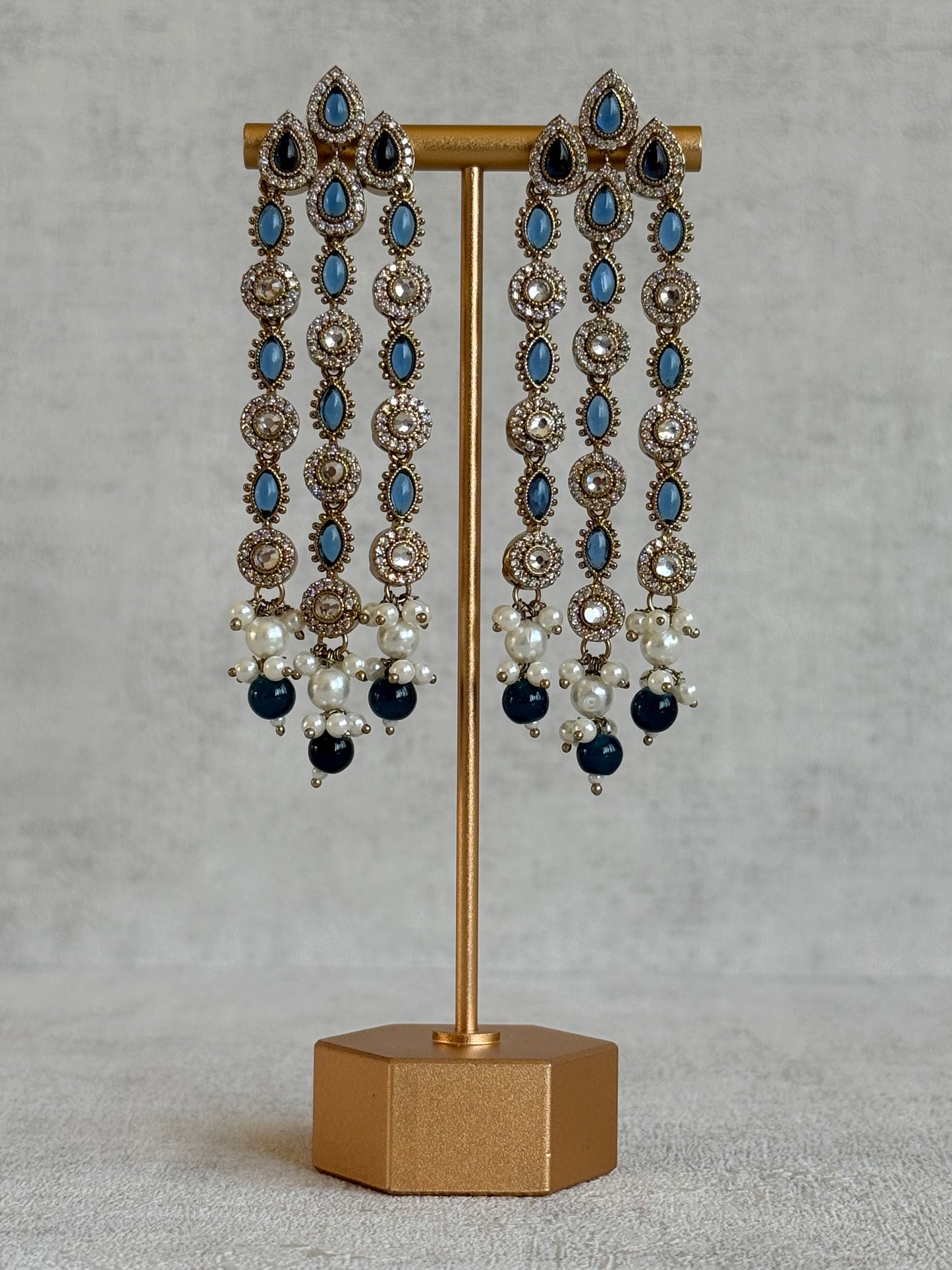 Ayura Designs Emilia Earrings – Gold Triple Strand Statement Earrings with Ink Blue Stones & Pearl Drops