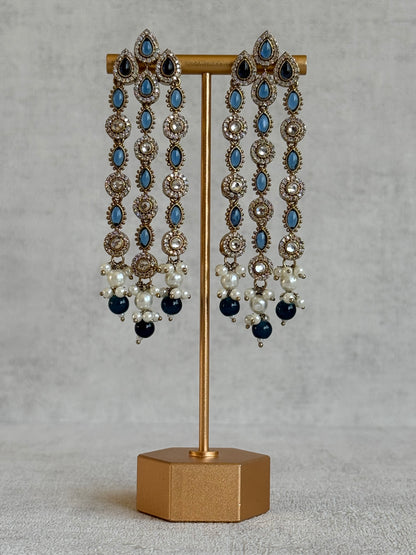 Ayura Designs Emilia Earrings – Gold Triple Strand Statement Earrings with Ink Blue Stones & Pearl Drops