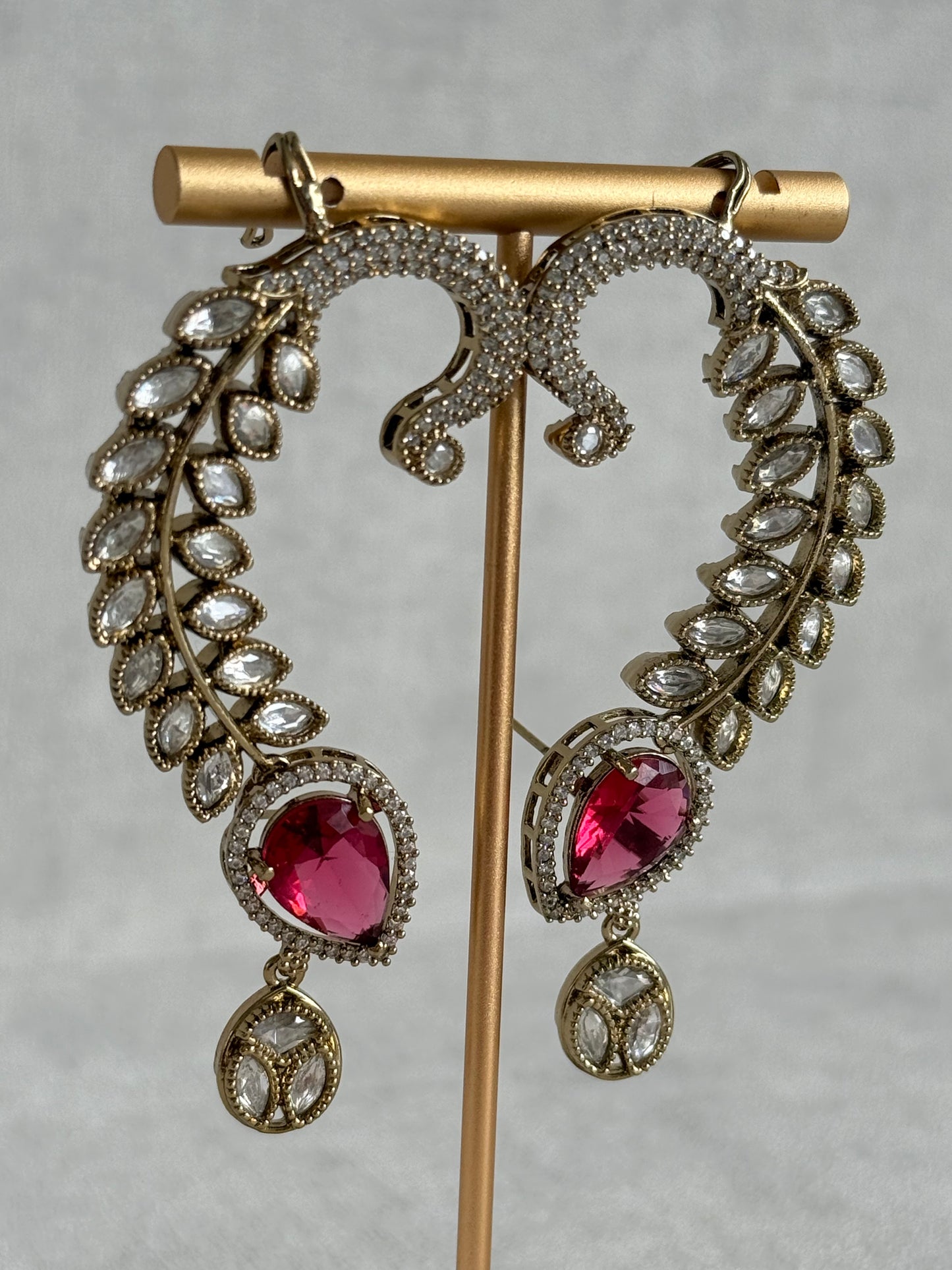 Ayura Designs Dvija Jhumkis – Ruby Pink Crystal Ear Cuff Earrings