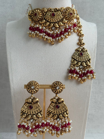 Ayura Designs Sairish Choker Set with Earrings & Tikka – Ruby Pink Beads, Pearl Detailing, Ghungroos, Paisley Motifs & Antique Gold Finish