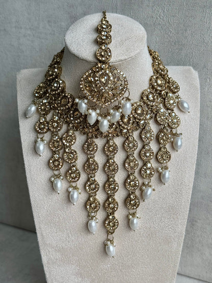 Ayura Designs Sameena Set – Opulent Champagne Gold Adorned with Luminous White Pearls Featuring a Statement Necklace, Tikka, and Chandelier Earrings