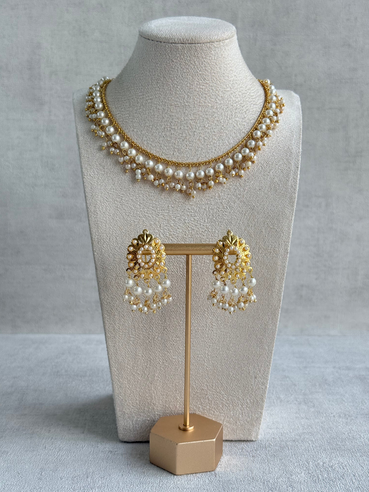 Ayura Designs Tarz Necklace Set with Earrings – Gold Pearl Layered Fringe Design with Pearl Drops