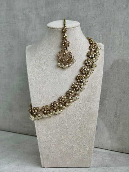 Ayura Designs Asima Set with Jhumkis & Tikka - Handcrafted Gold-tone Necklace, Cream-coloured Beads & Stones